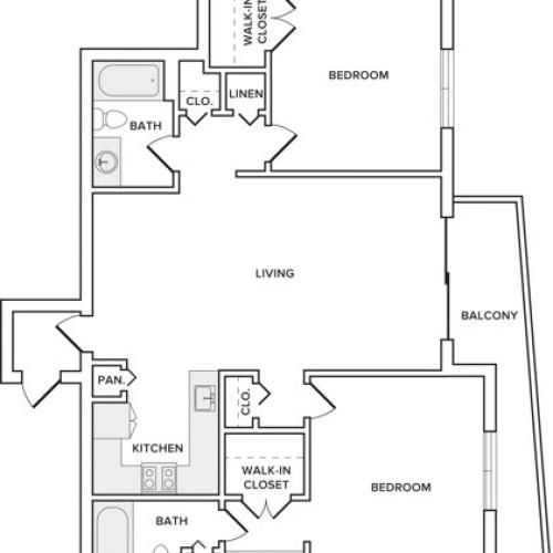 1116 square foot renovated two bedroom two bath apartment floorplan image