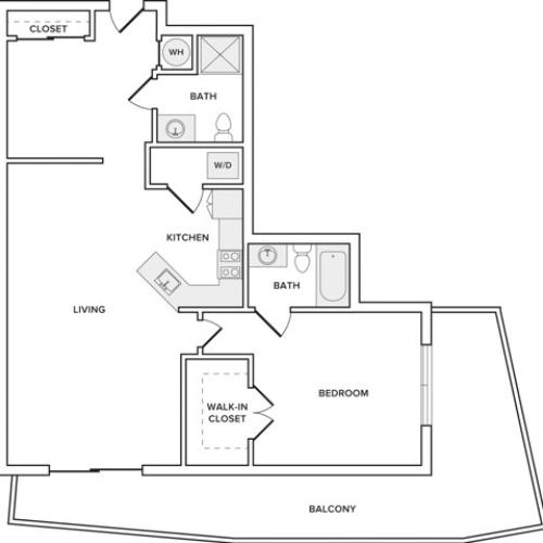 1000 square foot one bedroom two bath apartment floorplan
