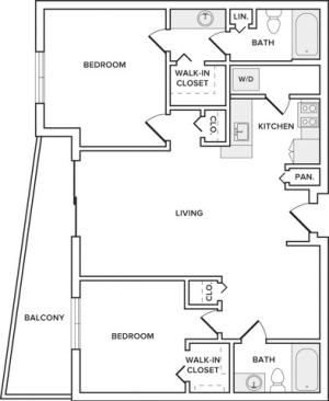 1146 square foot renovated two bedroom two bath apartment floorplan image