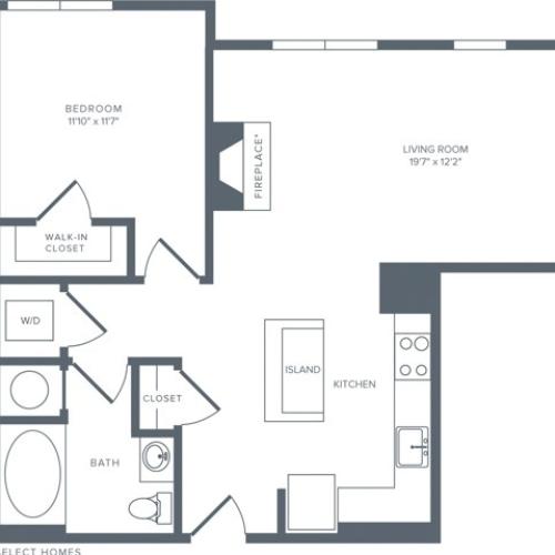 837 square foot one bedroom one bath apartment floorplan image