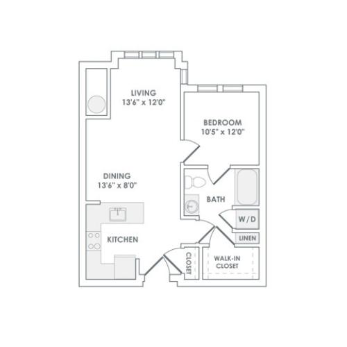 756 square foot one bedroom one bath apartment floorplan image