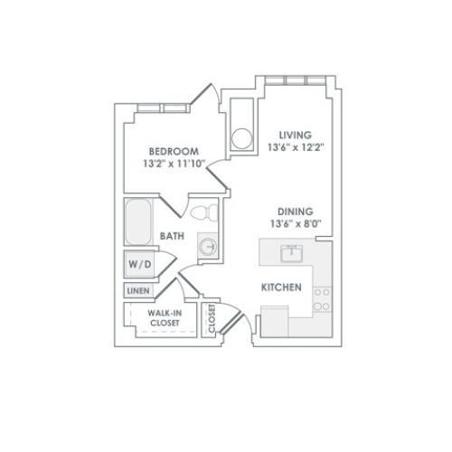 828 square foot one bedroom one bath apartment floorplan image