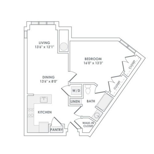 895 square foot one bedroom one bath apartment floorplan image