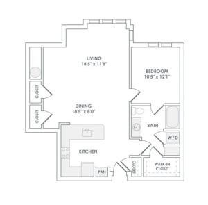 902 square foot one bedroom one bath apartment floorplan image
