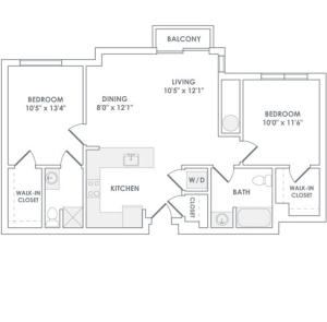 957 square foot two bedroom two bath apartment floorplan image