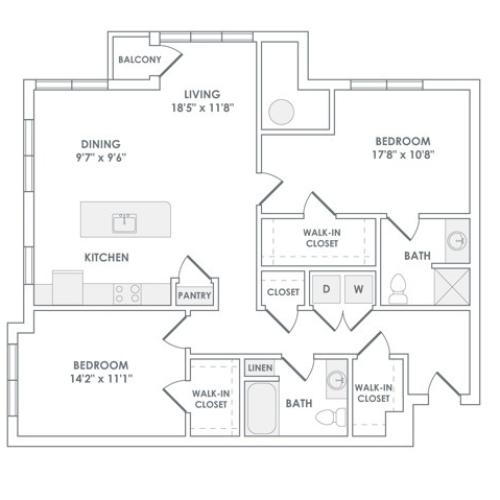 1234 square foot two bedroom two bath apartment floorplan image