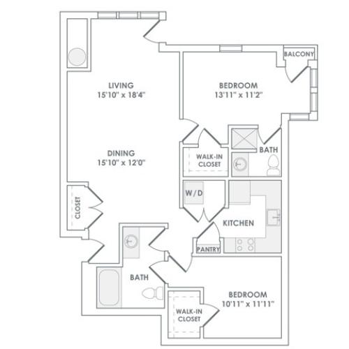 1303 square foot two bedroom two bath apartment floorplan image