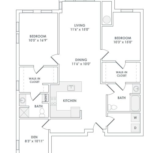 1384 square foot two bedroom two bath apartment floorplan image