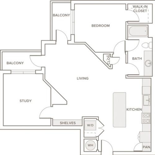 985 square foot one bedroom one bath apartment floorplan image