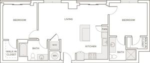 1023 to 1038 square foot two bedroom two bath apartment floorplan image