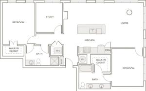 1450 square foot two bedroom two bath apartment floorplan image