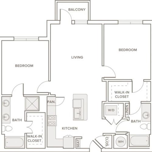 1090 to 1102 square foot two bedroom two bath apartment floorplan image