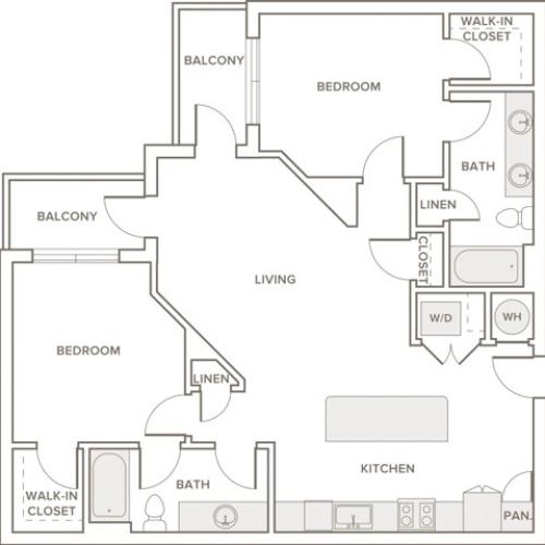 1122 to 1129 square foot two bedroom two bath apartment floorplan image