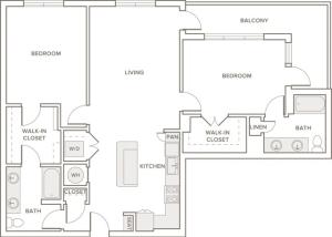 1247 to 1262 square foot two bedroom two bath apartment floorplan image