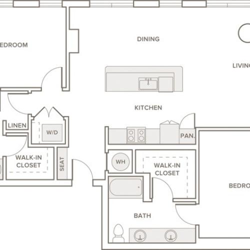 1313 square foot two bedroom two bath apartment floorplan image