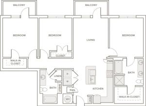 1394 square foot three bedroom two bath apartment floorplan image