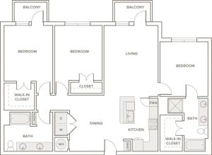 1425 to 1460 square foot three bedroom two bath apartment floorplan image