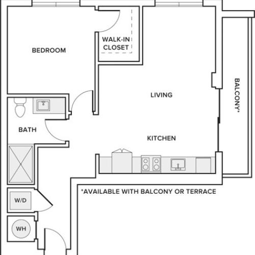 694 square foot one bedroom one bath apartment floorplan image