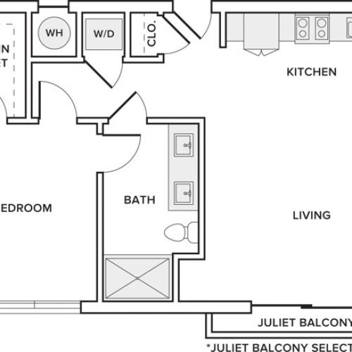 759 square foot one bedroom one bath apartment floorplan image