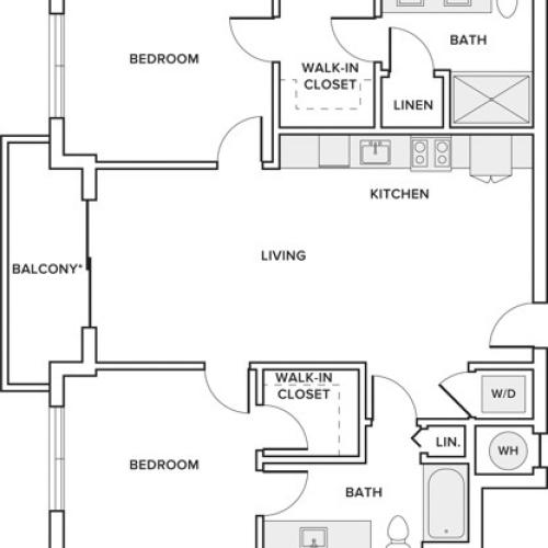 1034 square foot two bedroom two bath apartment floorplan image
