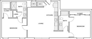1058 square foot two bedroom two bath apartment floorplan image