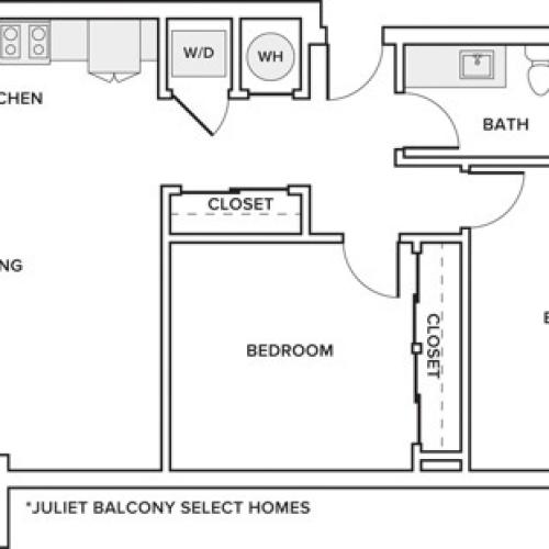1122 square foot two bedroom two bath apartment floorplan image
