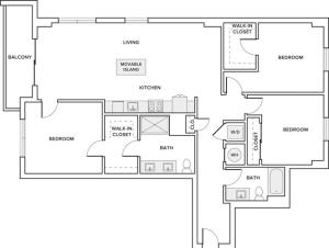 1480 square foot three bedroom two bath apartment floorplan image