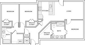 1283 square foot 3-bedroom 2-bath apartment floorplan image