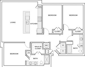 1363 square foot 3-bed 2-bath apartment floorplan image