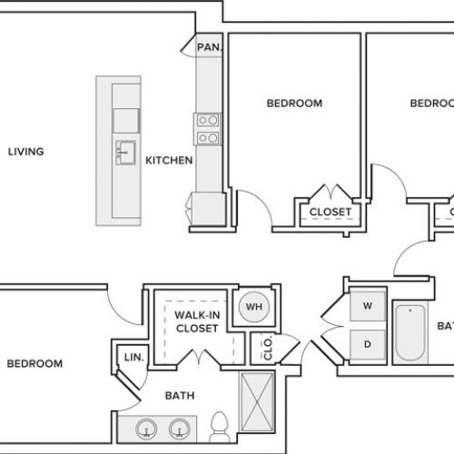 1363 square foot 3-bed 2-bath apartment floorplan image