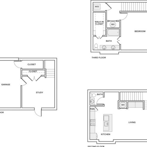 1278 square foot 1 bed 1.5 bath townhome floorplan image