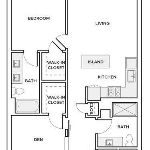 945 square foot one bedroom plus den with one bath apartment floorplan image