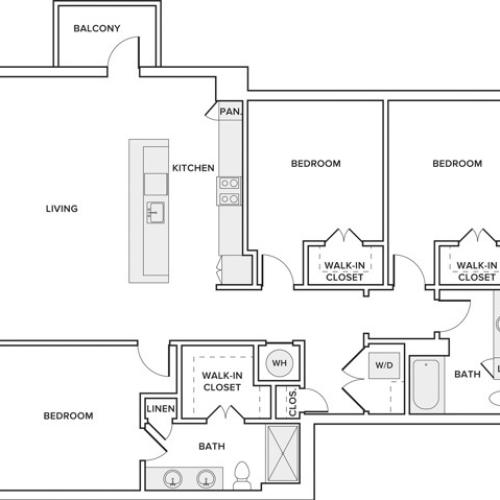 1432 square foot three bedroom two bathroom apartment floorplan image