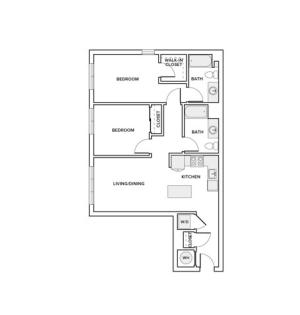975 square foot two bedrooms two baths apartment floorplan image