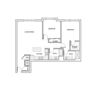 1233 square foot two bedrooms two baths apartment floorplan image