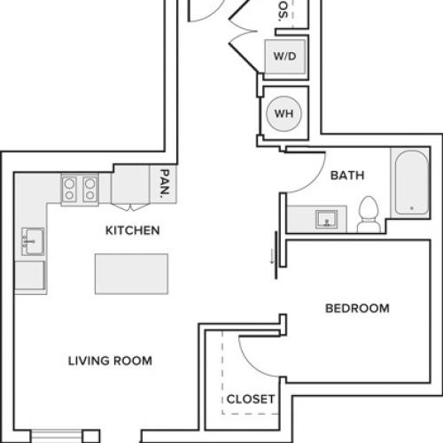 678 to 679 square foot one bedroom one bath apartment floorplan image