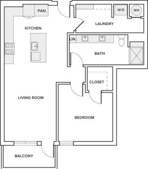 906 square foot one bedroom one bath apartment floorplan image