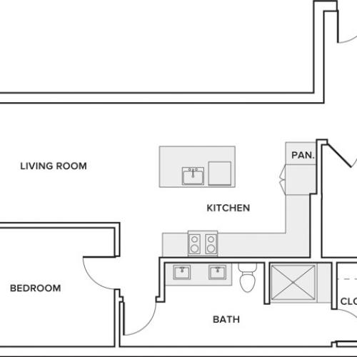 927 square foot one bedroom one bath apartment floorplan image