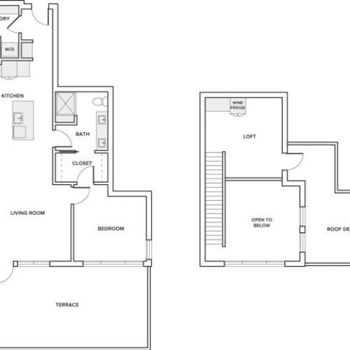 1124 to 1132 square foot one bedroom one bath loft apartment floorplan image