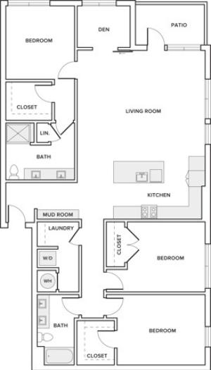 1797 square foot three bedroom two and half bath with den apartment floorplan image