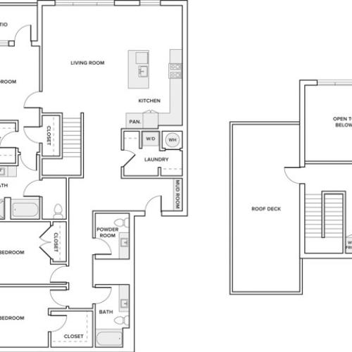 2044 square foot three bedroom two and half bath loft apartment floorplan image