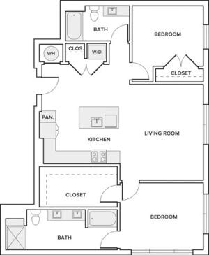 1189 to 1190 square foot two bedroom two bath apartment floorplan image