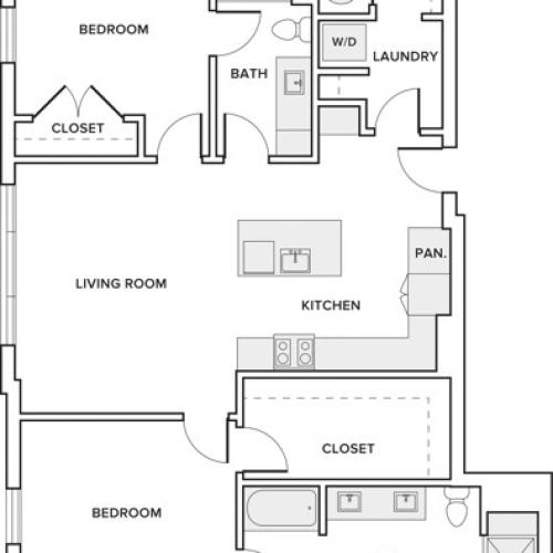 1215 square foot two bedroom two bath apartment floorplan image