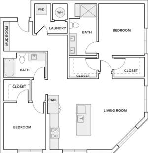 1242 square foot two bedroom two bath apartment floorplan image