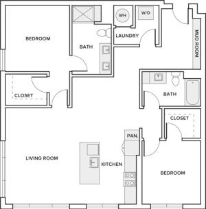 1299 square foot two bedroom two bath apartment floorplan image