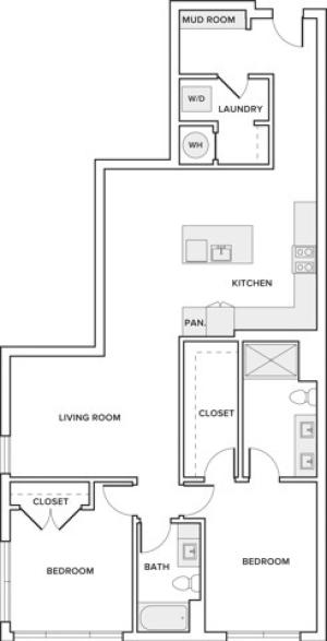 1339 square foot two bedroom two bath apartment floorplan image