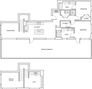 1389 square foot two bedroom two bath loft apartment floorplan image