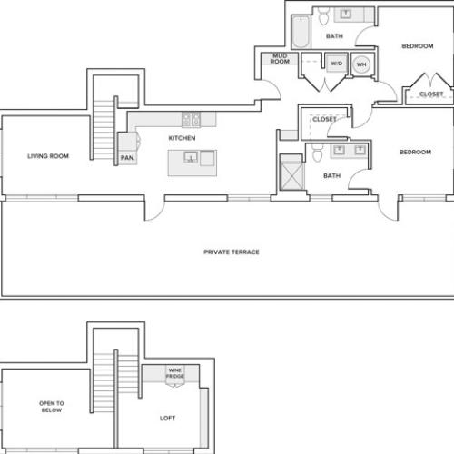 1389 square foot two bedroom two bath loft apartment floorplan image