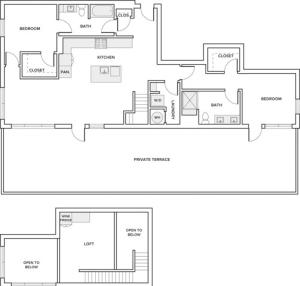 1521 square foot two bedroom two bath loft apartment floorplan image