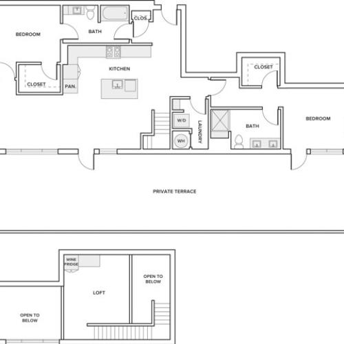 1521 square foot two bedroom two bath loft apartment floorplan image